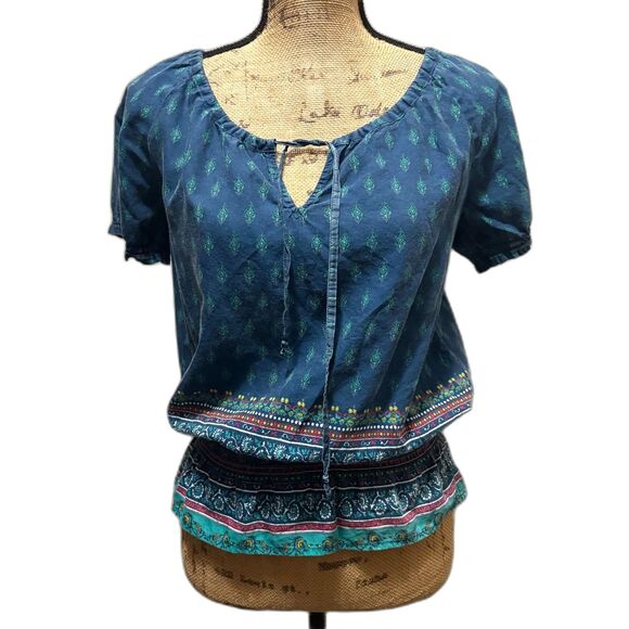 Y2K Mudd Puff Sleeve Peasant Blouse Festival Boho Print Blue Size Medium - Picture 1 of 3